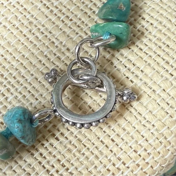 SX 925 Sterling Silver Necklace Turquoise Nugget Hand Knotted Toggle Clasp 82”L